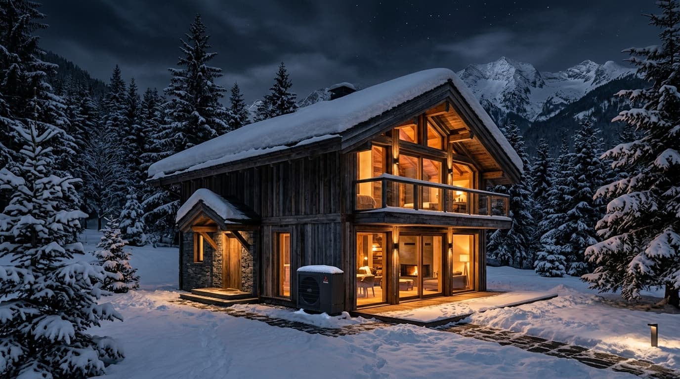Chalet en bois éclairé un soir d’hiver, au milieu des sapins enneigés