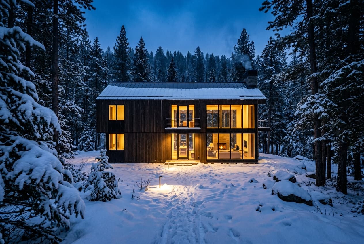 Maison moderne dans une forêt enneigée au crépuscule